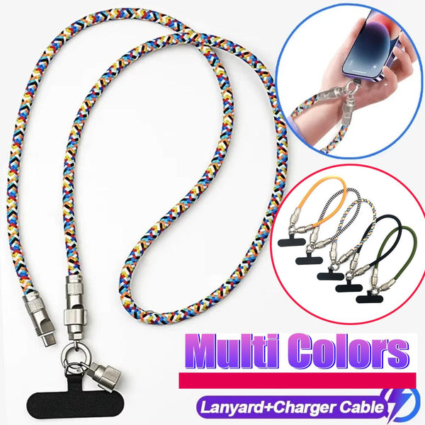 2-in-1 USB Cable with Mobile Phone Lanyard Charging Cable Secure Mobile Phone Charger Multi Charging Cable compatible with Apple Type C Devices Fast Pd 60w Charging Data Transfer Phone Hanging Rope