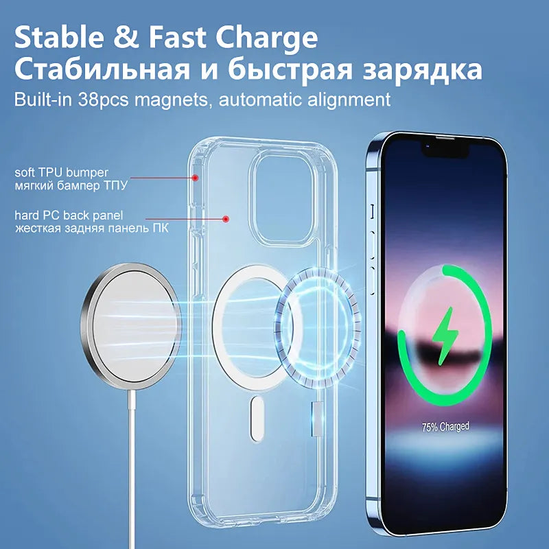 For iPhone 15 14 Plus 13 12 11 Pro Max Xs XR Mini Case Original For Magsafe Magnetic Wireless Charging Transparent Acrylic Cover