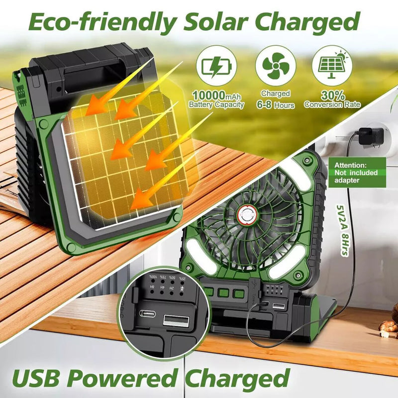 Portable Solar Power Camping Fan USB Rechargeable Variable Speed LED Tent Light