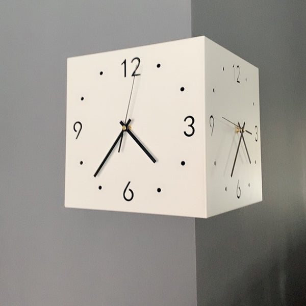 Modern Double-sided White Wall Clock Steel Corner Digital Hollowed-out Mute Hole-free Solid Color Wall Clock